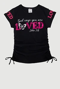 Girls Sequin God Loved Ruched Side Graphic Tee, 7-8
