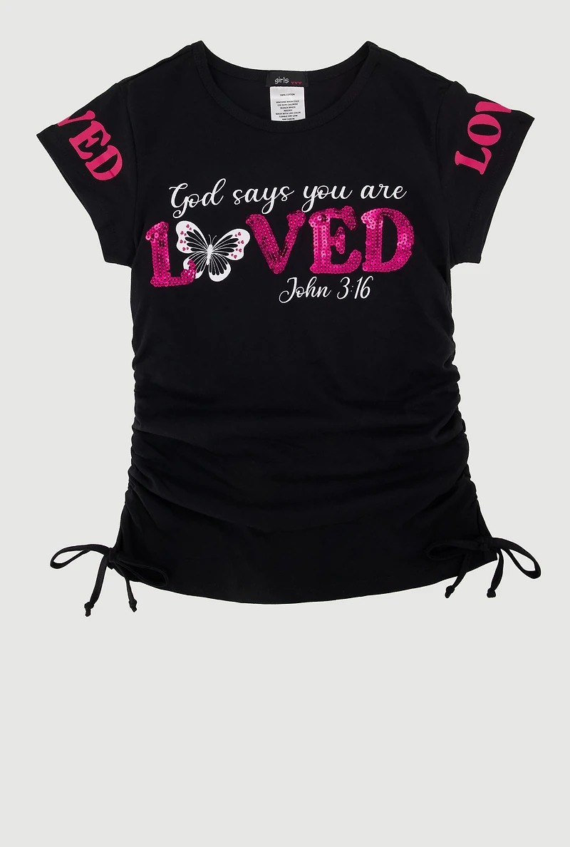 Girls Sequin God Loved Ruched Side Graphic Tee, Black, Size 7-8