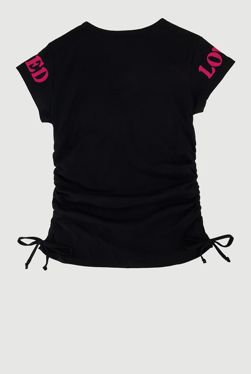 Girls Sequin God Loved Ruched Side Graphic Tee, Black, Size 7-8