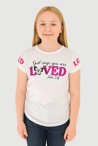 Girls Sequin God Loved Ruched Side Graphic Tee, White, Size 10-12