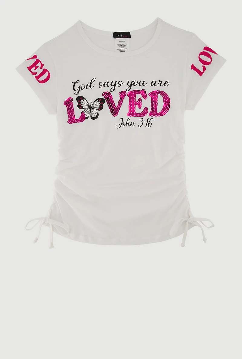 Girls Sequin God Loved Ruched Side Graphic Tee, White, Size 10-12