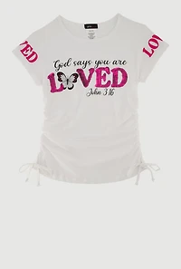 Girls Sequin God Loved Ruched Side Graphic Tee, White, Size 10-12