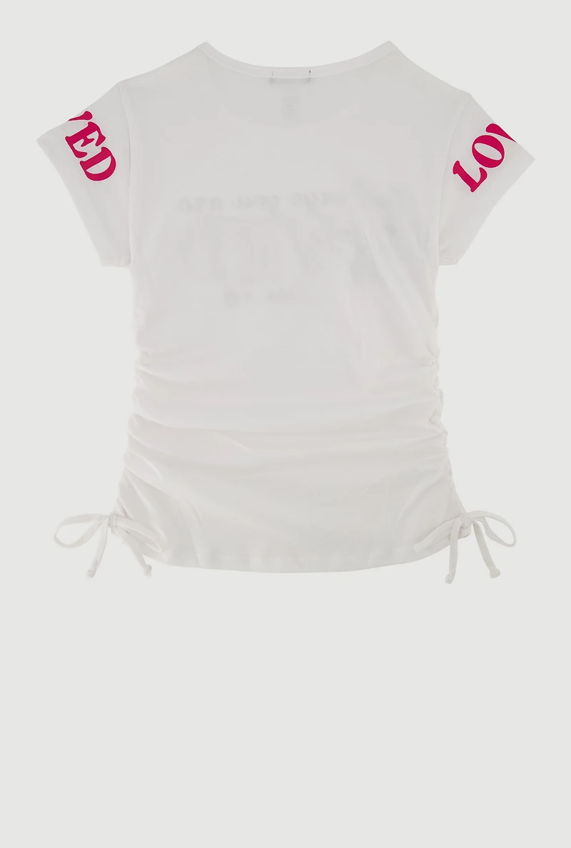 Girls Sequin God Loved Ruched Side Graphic Tee, White, Size 10-12