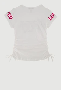 Girls Sequin God Loved Ruched Side Graphic Tee, White, Size 10-12