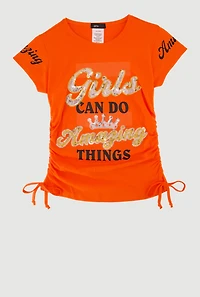 Girls Sequin Girls Can Do Amazing Things Graphic Tee, Orange, Size 7-8