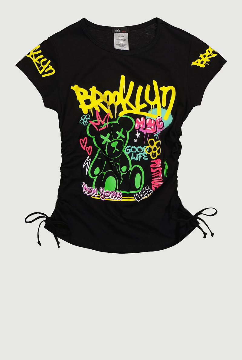 Girls Brooklyn NYC Bear Graphic Print T-Shirt, Black, Size 10-12