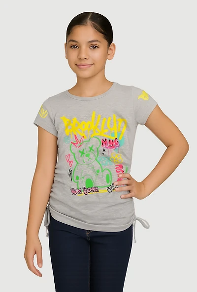 Girls Brooklyn NYC Bear Graphic Print T-Shirt, Grey, Size 7-8