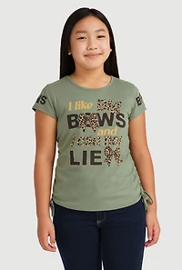 Girls I Like Big Bows Crew Neck Graphic T-Shirt, Green, Size 7-8