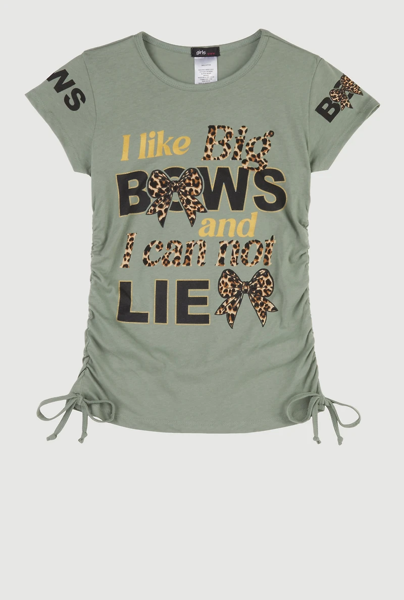 Girls I Like Big Bows Crew Neck Graphic T-Shirt, Green, Size 7-8