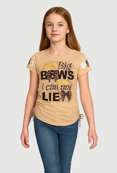 Girls I Like Big Bows Crew Neck Graphic T-Shirt, Beige, Size 10-12
