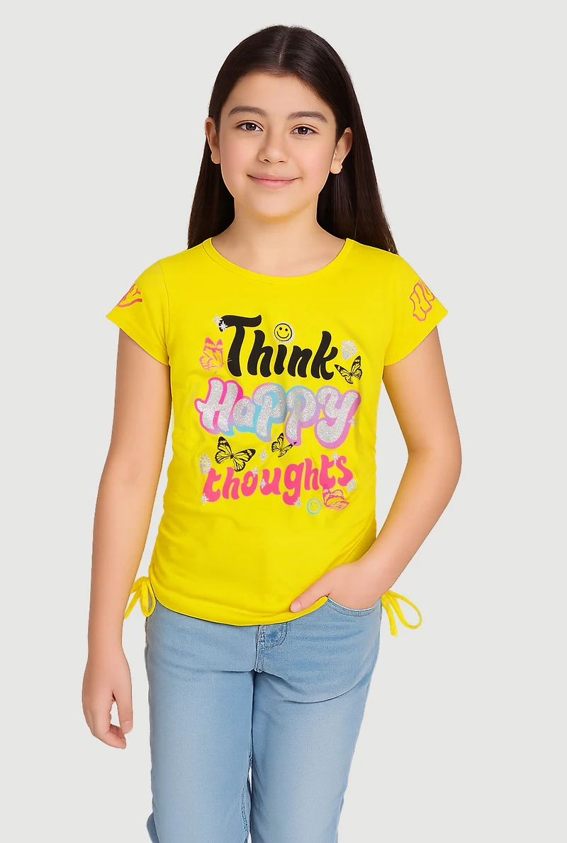 Girls Think Happy Thoughts Glitter Graphic T-Shirt
