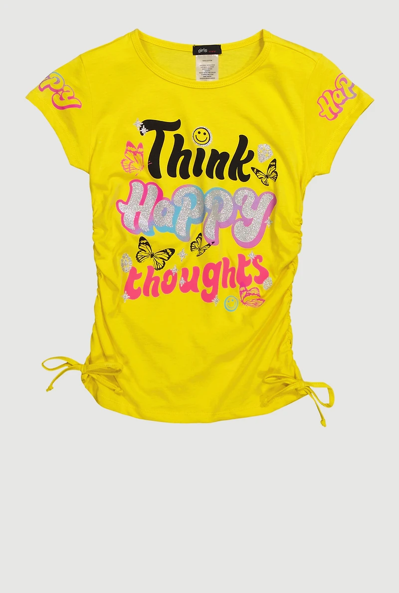 Girls Think Happy Thoughts Glitter Graphic T-Shirt, Yellow, Size 7-8