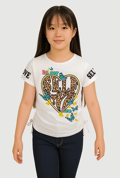 Girls Trendy Self Love Graphic T-Shirt, White, Size 7-8
