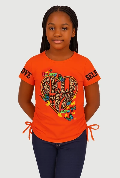 Girls Trendy Self Love Graphic T-Shirt, Orange, Size 7-8