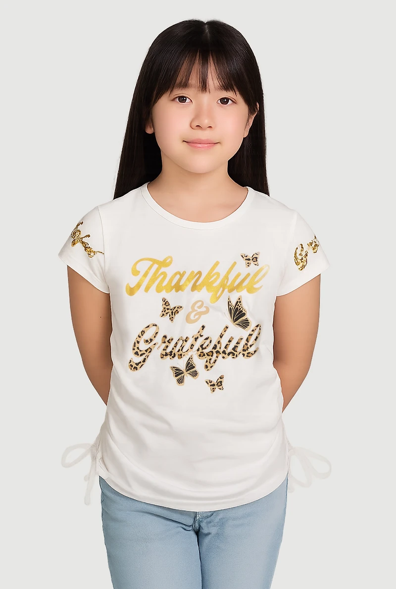 Girls Thankful and Grateful Graphic T-Shirt, White, Size 7-8