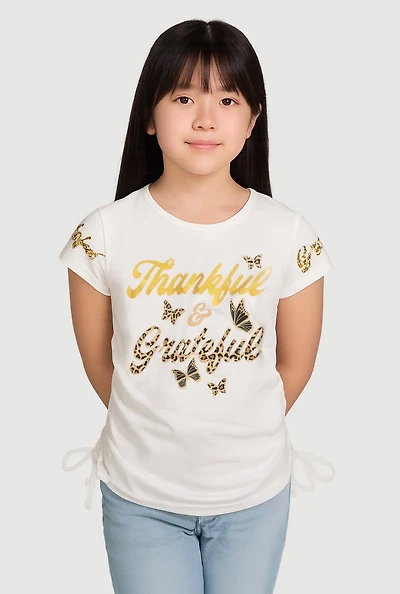 Girls Thankful and Grateful Graphic T-Shirt, White, Size 7-8