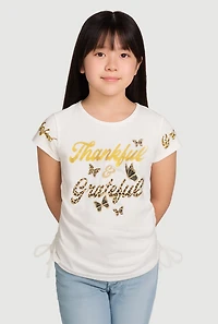 Girls Thankful and Grateful Graphic T-Shirt, White, Size 7-8
