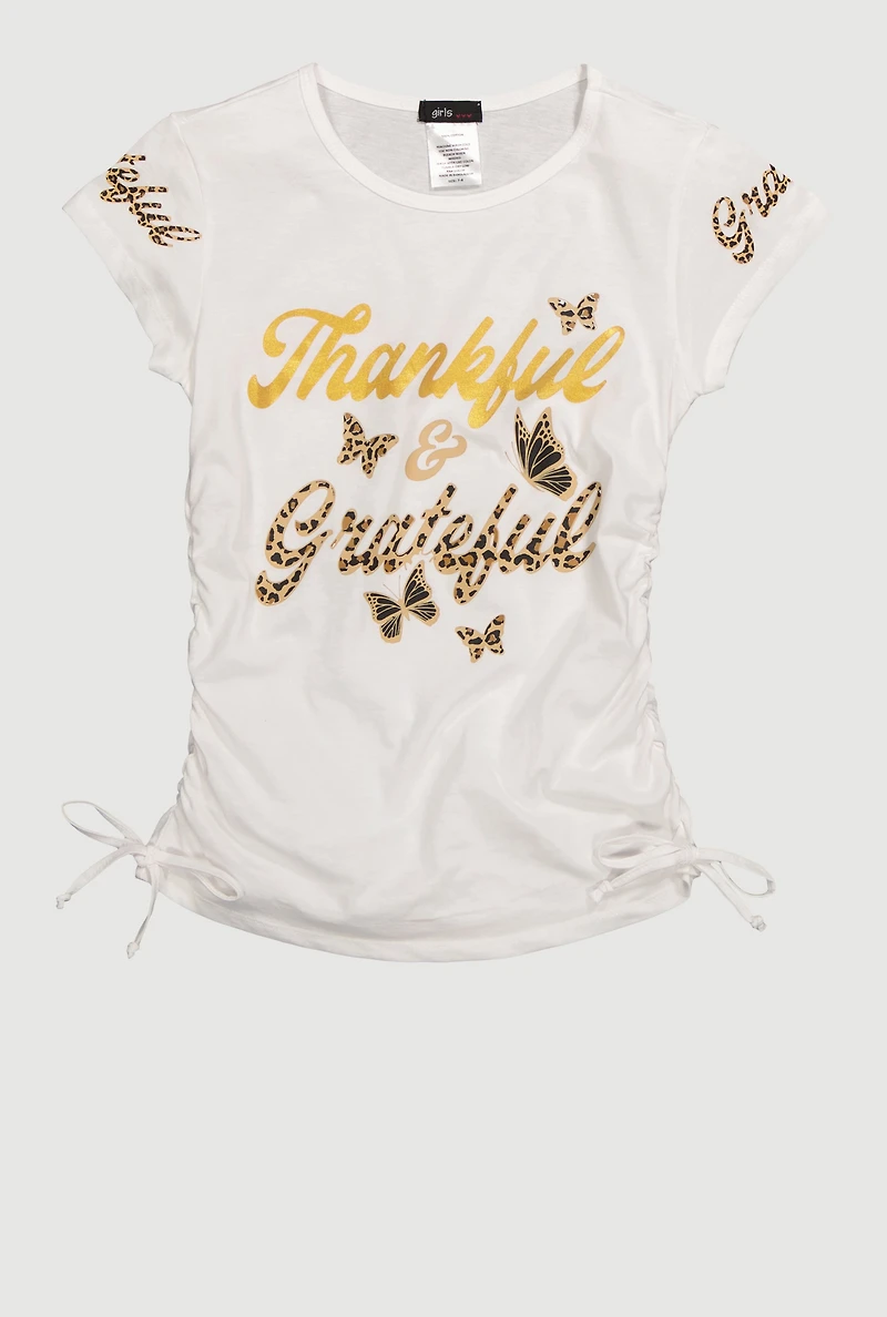 Girls Thankful and Grateful Graphic T-Shirt, White, Size 10-12