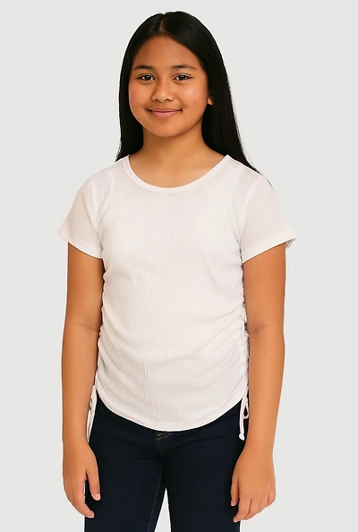 Girls Trendy Side Ruched Ribbed Knit Crew Neck Tee, White, Size 7-8