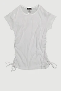 Girls Trendy Side Ruched Ribbed Knit Crew Neck Tee, White, Size 14-16