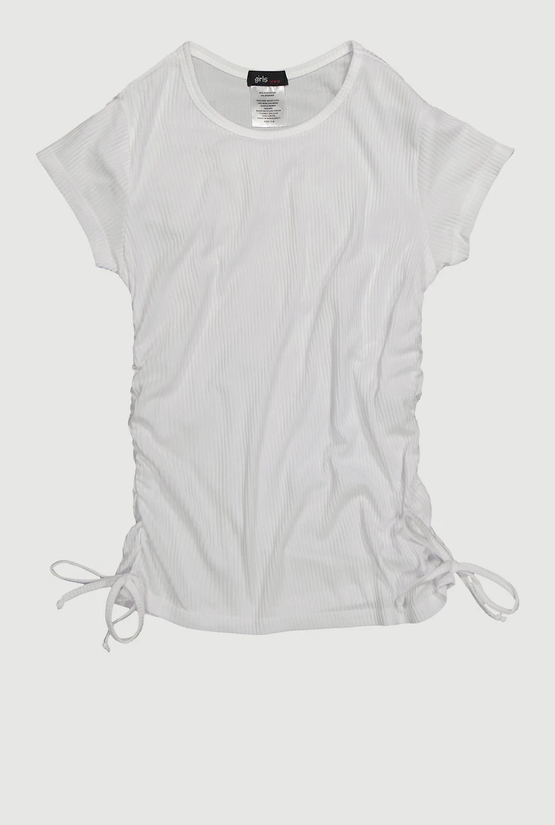 Girls Trendy Side Ruched Ribbed Knit Crew Neck Tee, White, Size 14-16