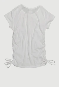 Girls Trendy Side Ruched Ribbed Knit Crew Neck Tee, White, Size 14-16