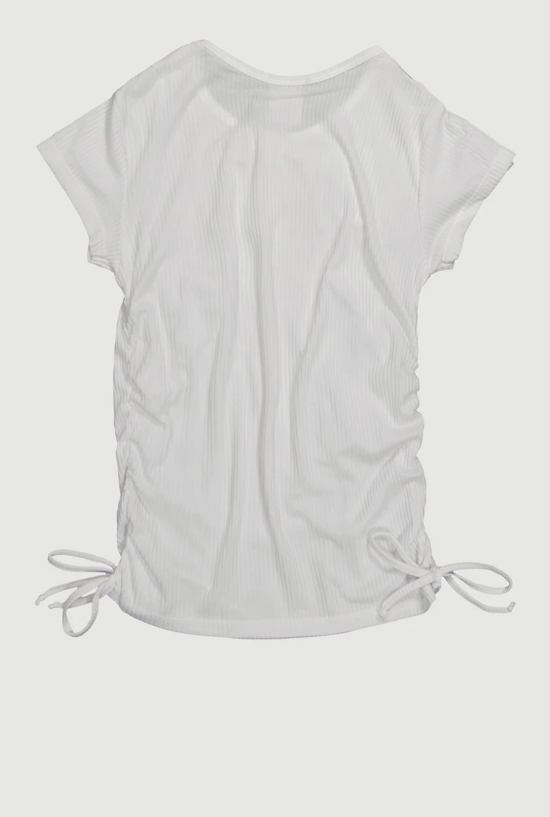 Girls Trendy Side Ruched Ribbed Knit Crew Neck Tee, White, Size 14-16