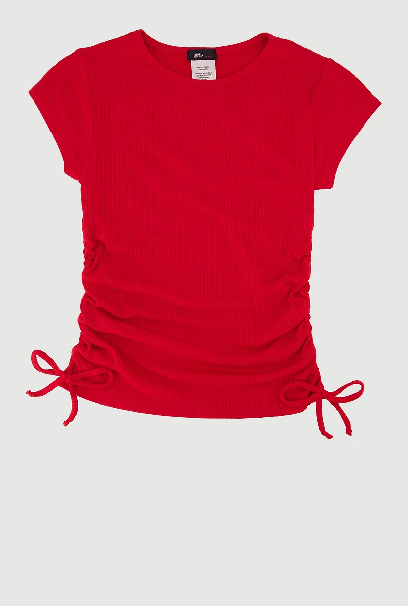 Girls Trendy Side Ruched Ribbed Knit Crew Neck Tee