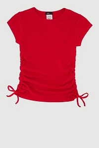 Girls Trendy Side Ruched Ribbed Knit Crew Neck Tee