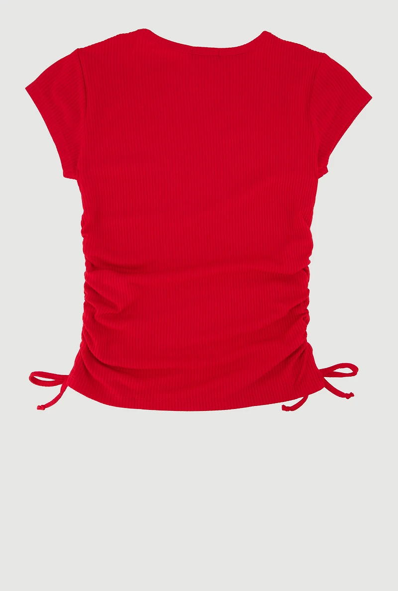 Girls Trendy Side Ruched Ribbed Knit Crew Neck Tee