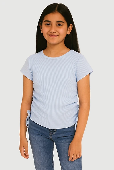 Girls Trendy Side Ruched Ribbed Knit Crew Neck Tee, Blue, Size 7-8