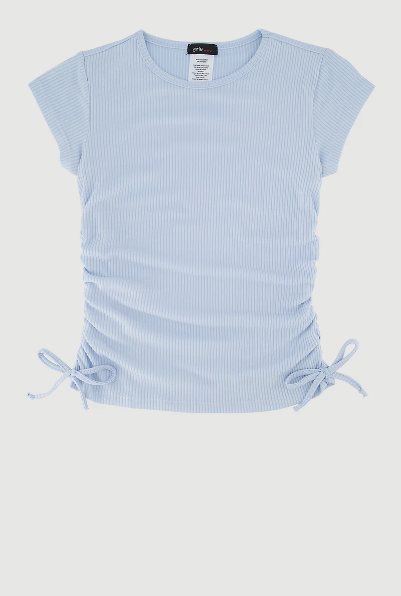 Girls Trendy Side Ruched Ribbed Knit Crew Neck Tee, Blue, Size 7-8
