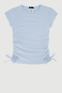 Girls Trendy Side Ruched Ribbed Knit Crew Neck Tee, Blue, Size 7-8