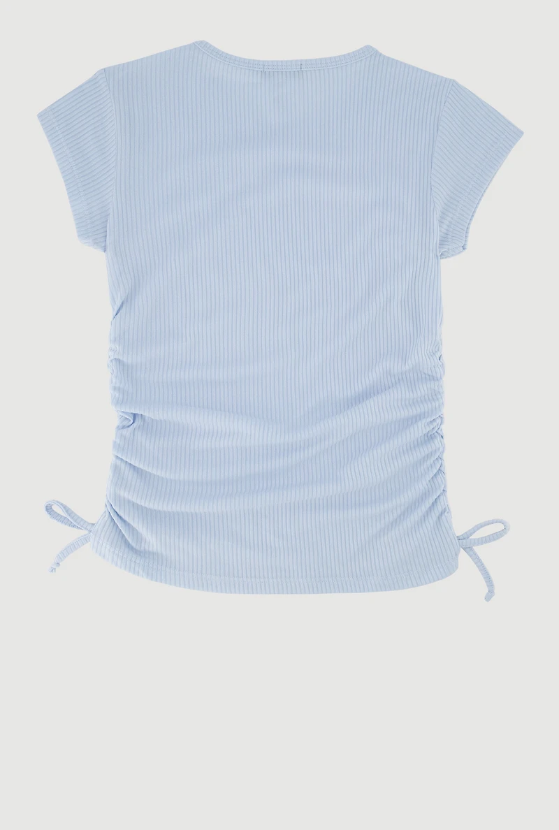 Girls Trendy Side Ruched Ribbed Knit Crew Neck Tee, Blue, Size 7-8