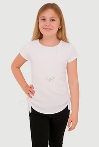 Girls Ribbed Knit Tee with Rhinestone Butterfly Necklace, White, Size 10-12