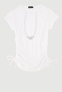 Girls Ribbed Knit Tee with Rhinestone Butterfly Necklace, White, Size 10-12