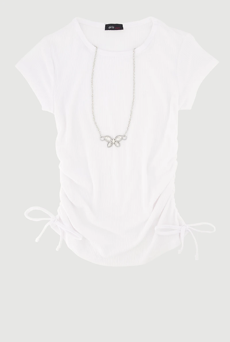 Girls Ribbed Knit Tee with Rhinestone Butterfly Necklace, White, Size 7-8