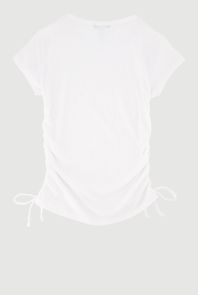 Girls Ribbed Knit Tee with Rhinestone Butterfly Necklace, White, Size 10-12