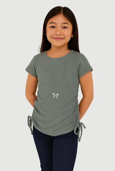 Girls Ribbed Knit Tee with Rhinestone Butterfly Necklace,