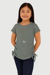 Girls Ribbed Knit Tee with Rhinestone Butterfly Necklace, Green, Size 7-8