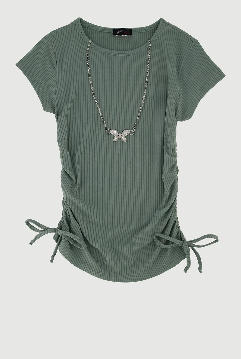 Girls Ribbed Knit Tee with Rhinestone Butterfly Necklace, Green, Size 7-8