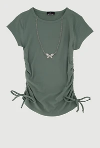 Girls Ribbed Knit Tee with Rhinestone Butterfly Necklace, Green, Size 7-8