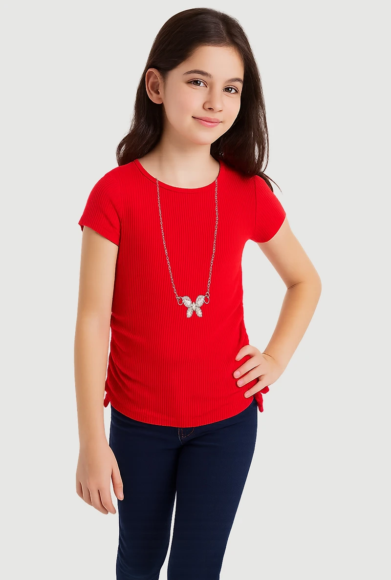 Girls Ribbed Knit Tee with Rhinestone Butterfly Necklace, Red, Size 7-8