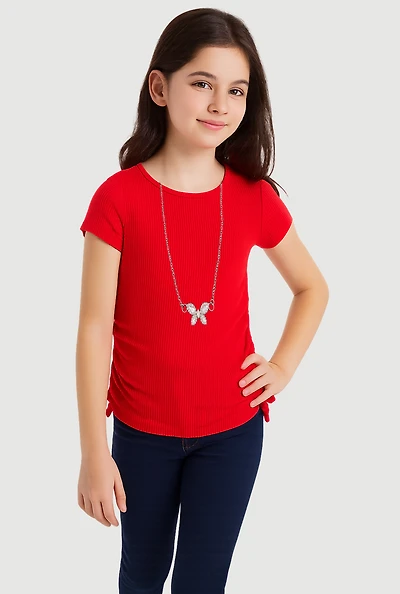 Girls Ribbed Knit Tee with Rhinestone Butterfly Necklace, Red, Size 7-8