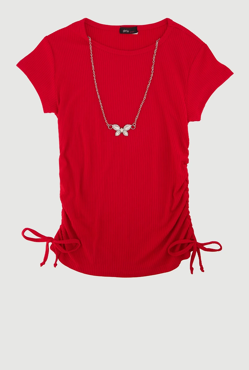 Girls Ribbed Knit Tee with Rhinestone Butterfly Necklace, Red, Size 7-8