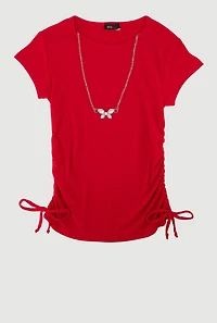 Girls Ribbed Knit Tee with Rhinestone Butterfly Necklace, Red, Size 7-8
