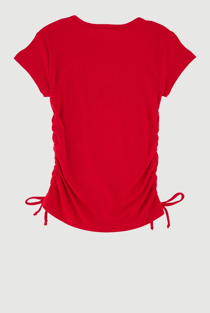 Girls Ribbed Knit Tee with Rhinestone Butterfly Necklace, Red, Size 7-8