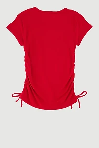 Girls Ribbed Knit Tee with Rhinestone Butterfly Necklace, Red, Size 7-8