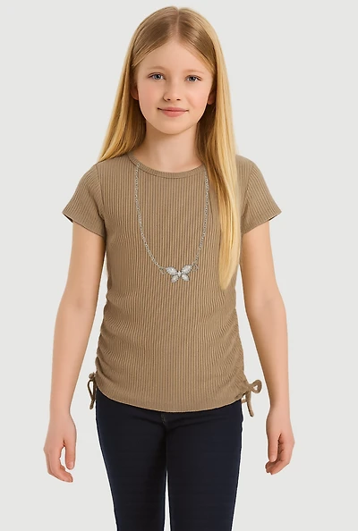Girls Ribbed Knit Tee with Rhinestone Butterfly Necklace, Beige, Size 7-8
