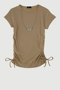 Girls Ribbed Knit Tee with Rhinestone Butterfly Necklace, Beige, Size 14-16